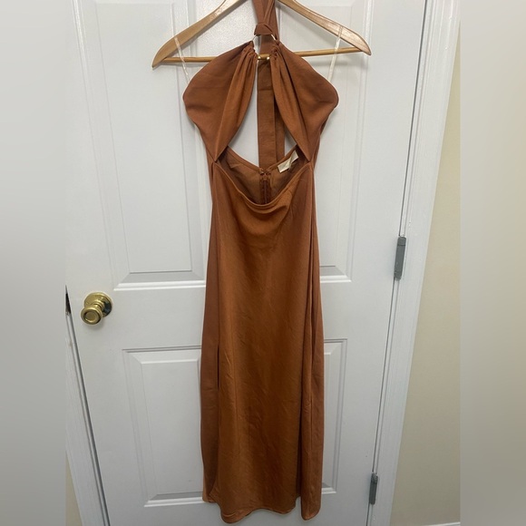 Meshki Dresses & Skirts - Women’s Meshki Bronze Halter Cutout Maxi Dress With Gold Detail Size Large